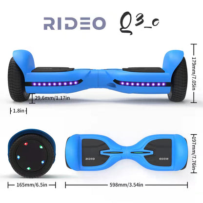 A detailed diagram of the Rideo Q3_C hoverboard in blue, showcasing its dimensions and sleek design. The hoverboard features LED side lights, non-slip footpads, and a compact build measuring 598mm in length, 179mm in height, and 165mm in wheel width. Perfect for highlighting the hoverboard's portability, safety features, and stylish appearance for urban commuting or recreational use.