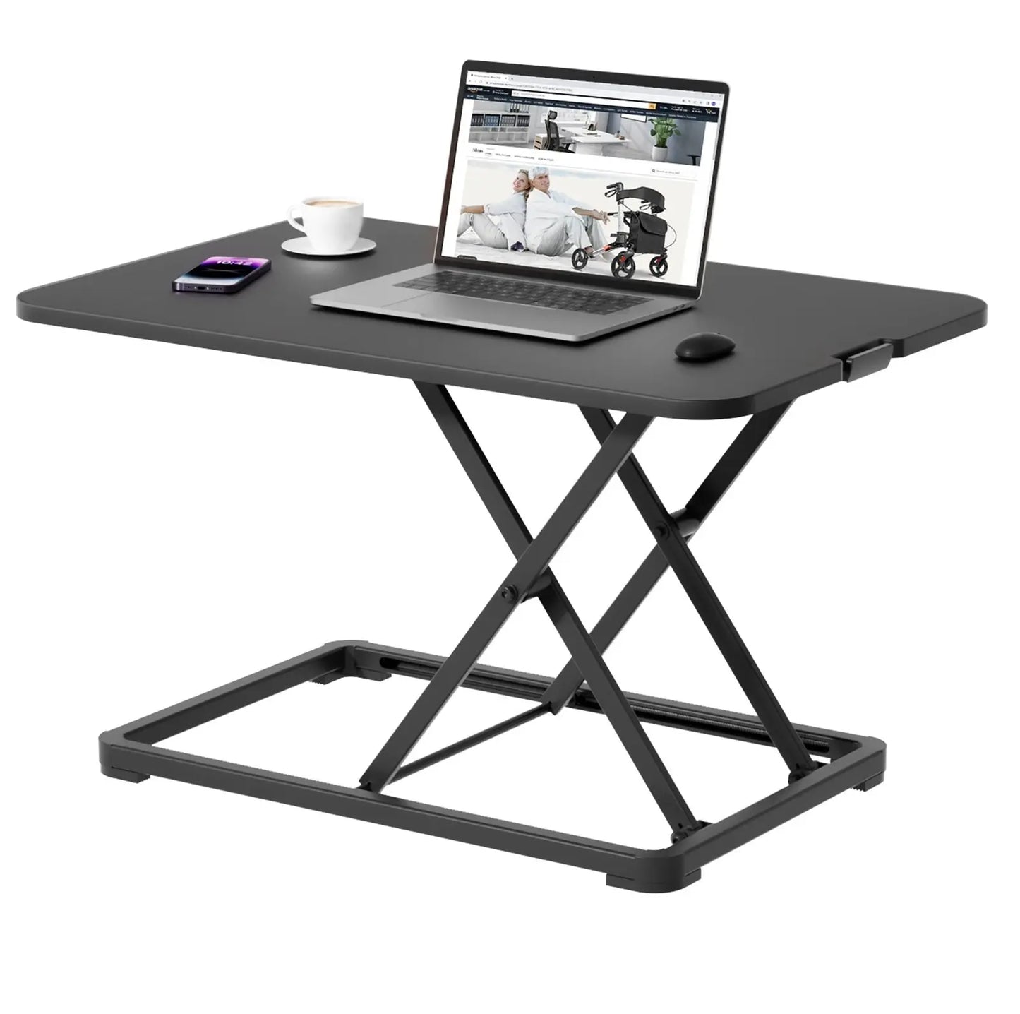 The Altus desk riser shown from a side angle in an office setting, with a laptop, coffee cup, and mobile phone placed on its surface.