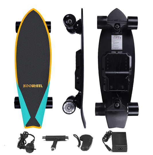 Disassembled view of a Koowheel electric skateboard showcasing all included components like the board, wheels, remote, and chargers.