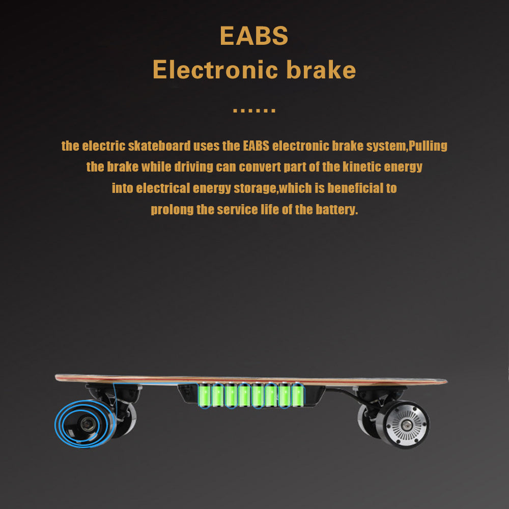 Informational graphic about the EABS electronic brake system used in an electric skateboard. 