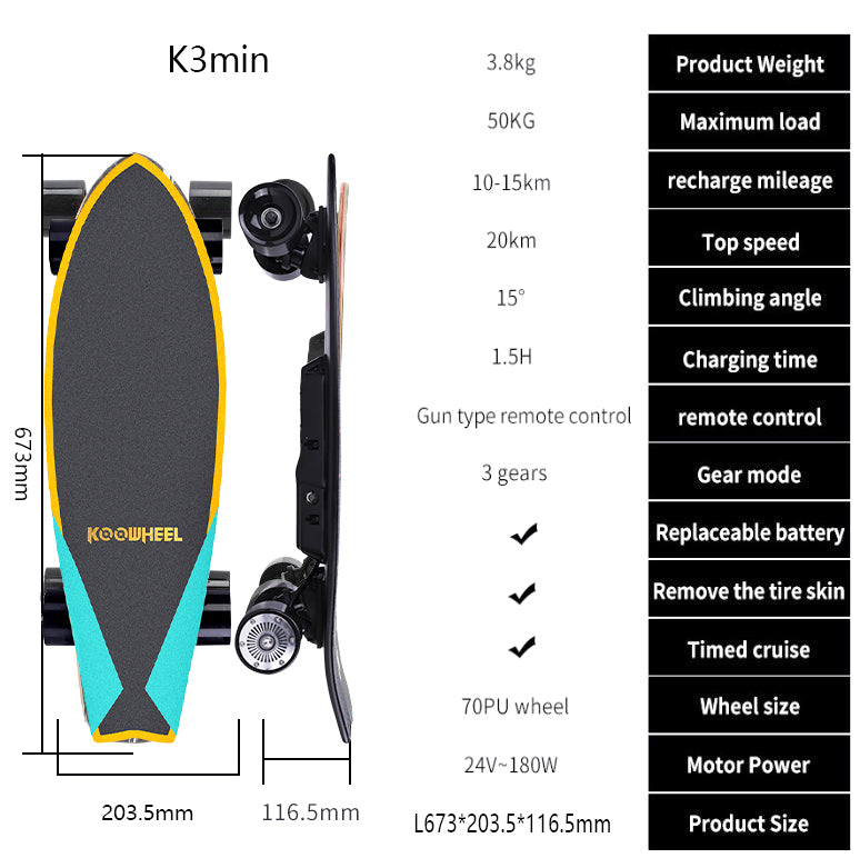 Technical specifications infographic for the Koowheel K3 mini electric skateboard, listing features such as weight, range, and battery.