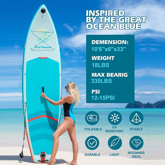 "Blue inflatable paddle board with a woman standing beside it, tropical beach background. Text overlay describing dimensions, weight, and max bearing capacity."