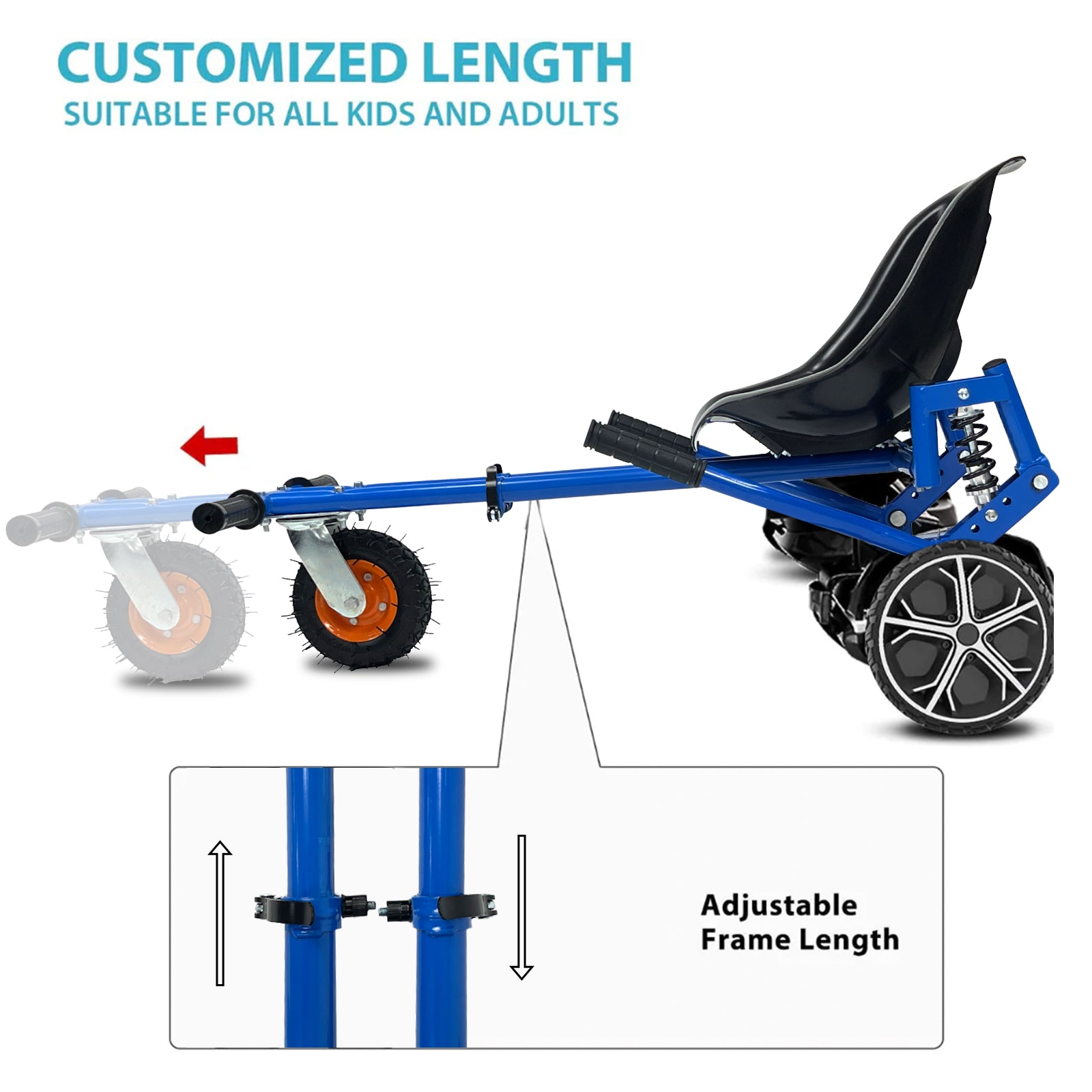 Demonstrates the adjustable frame length of the RIDEO Hoverboard Go-Kart A5, perfect for customizing the fit for both kids and adults.