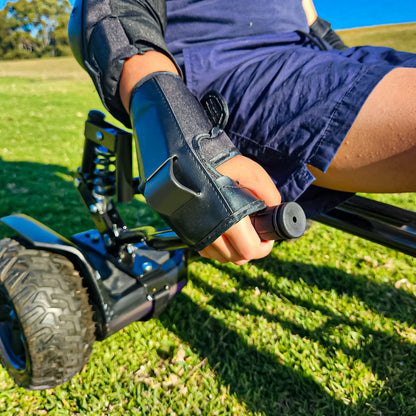 Detailed view of the control mechanisms on the RIDEO Hoverboard Go-Kart A5, highlighting the comfortable grip and responsive steering system.