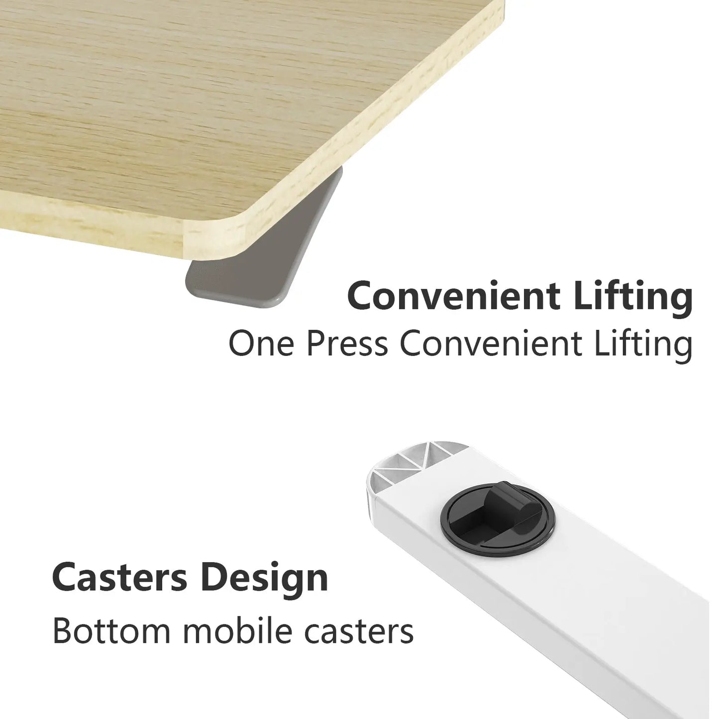 Graphic detail showing the desk's caster wheels, emphasizing their 360-degree rotation and lockable design, enhancing mobility and versatility in moving and positioning the desk.