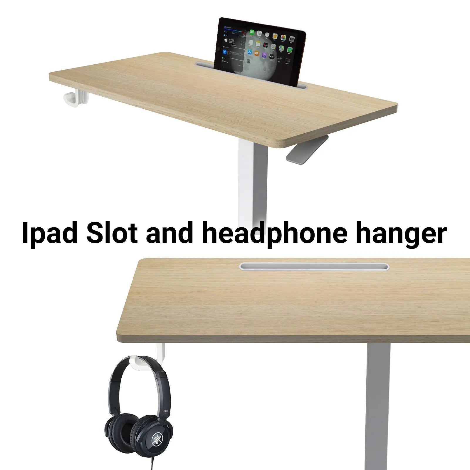 Top view of the desk’s wooden surface featuring a built-in iPad slot and a sleek, scratch-resistant finish, suitable for modern tech-oriented setups.