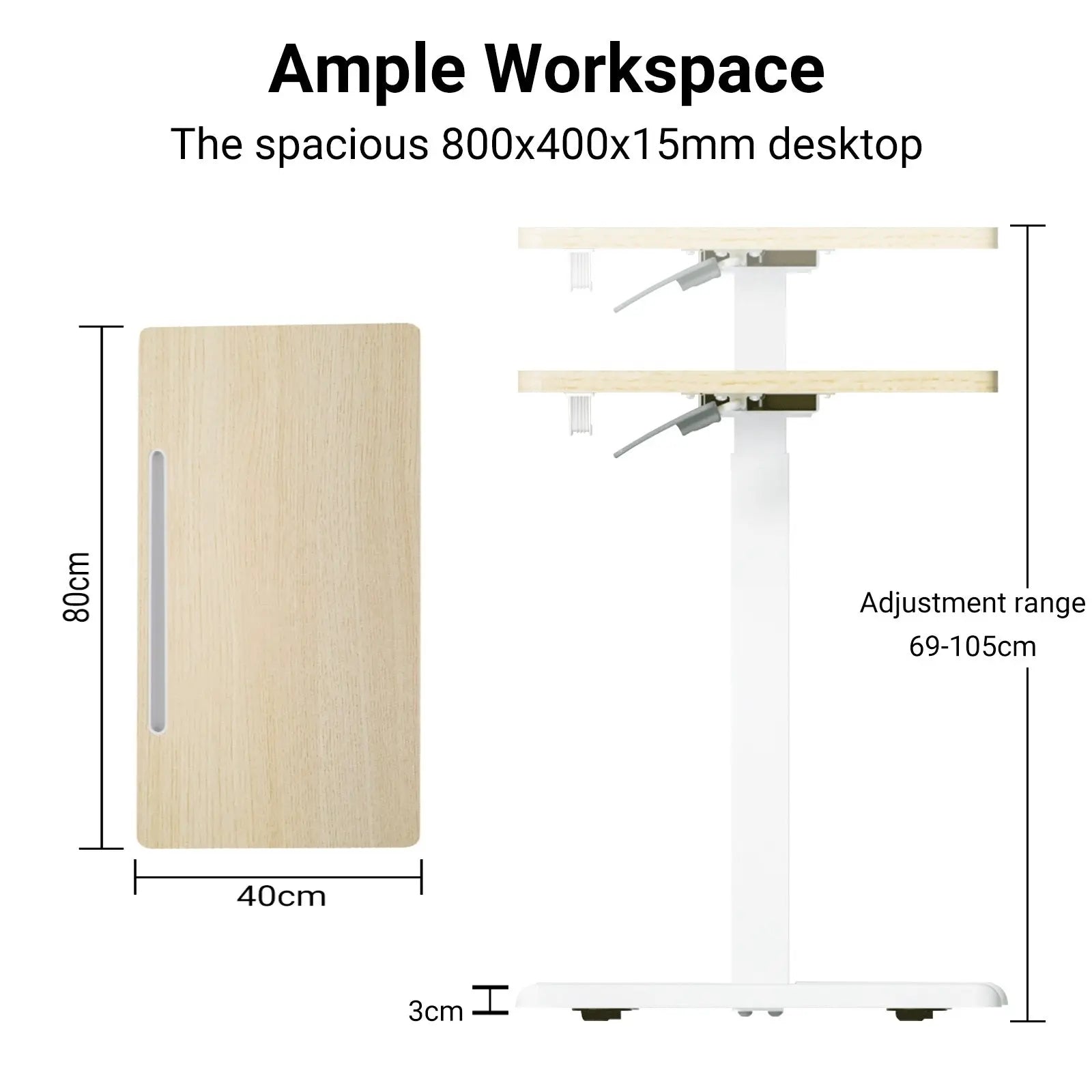 Full front view of the desk showing its complete height range and compact size, ideal for small spaces and various user heights.