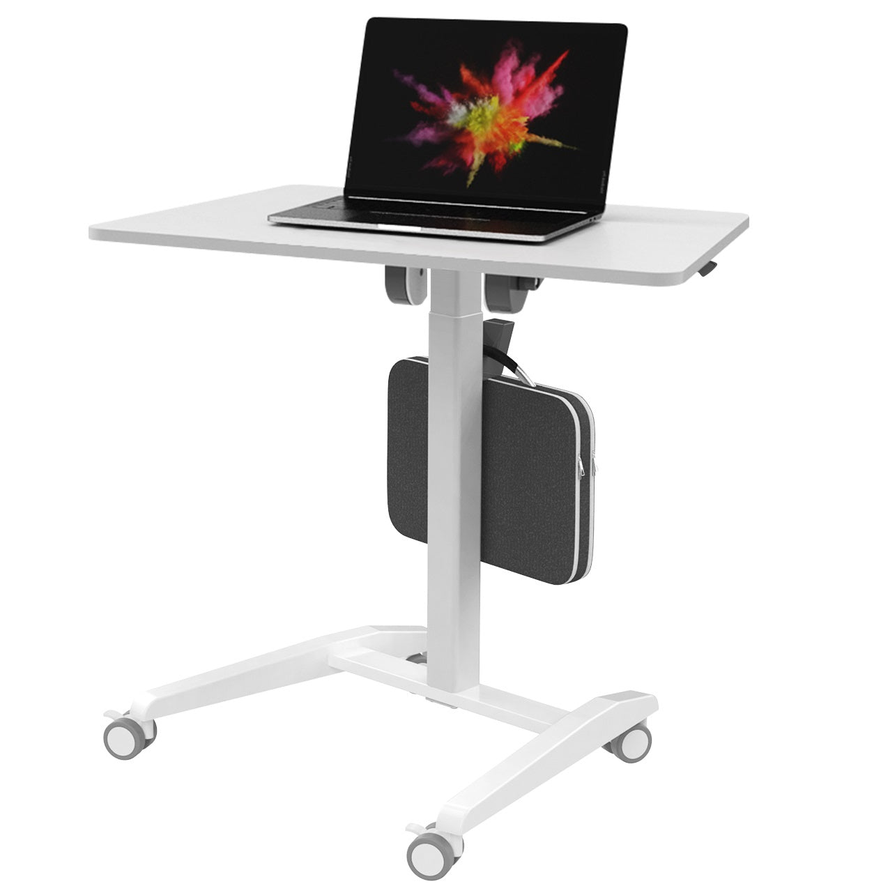 White mobile sit-stand desk with a laptop displaying a vibrant screensaver; features include a padded compartment and sturdy casters.