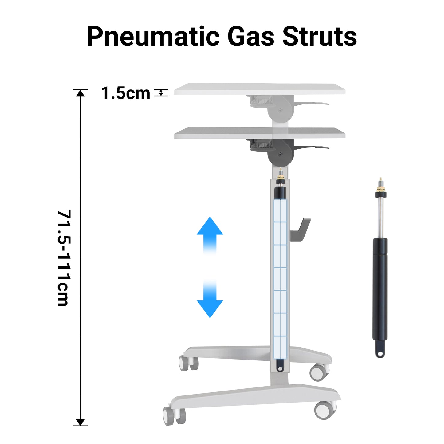 Detailed view of the desk’s pneumatic gas struts illustrating the adjustable mechanism.