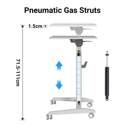 Detailed view of the desk’s pneumatic gas struts illustrating the adjustable mechanism.