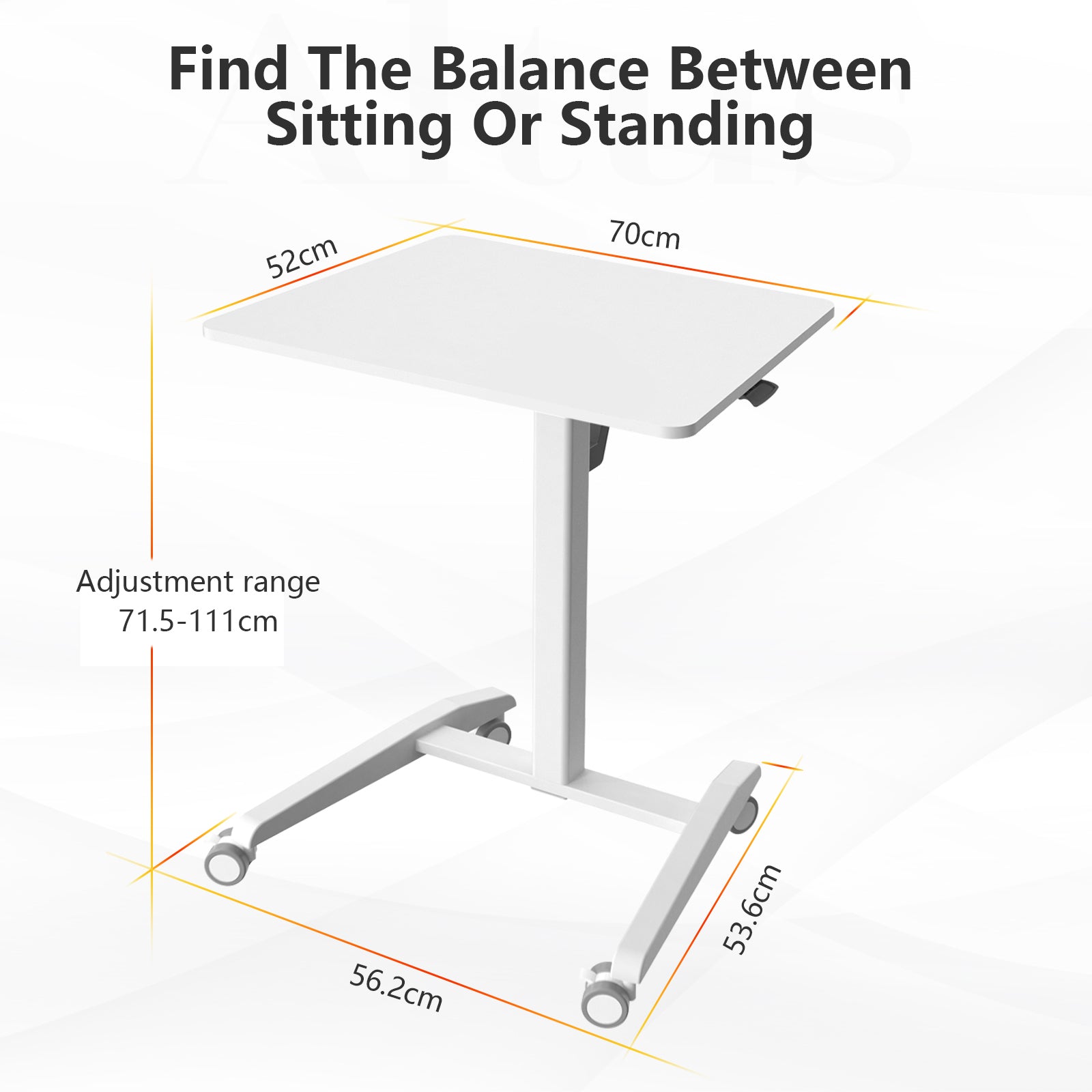 Diagram showing the dimensions of the sit-stand desk, detailing the adjustment range and desktop size.