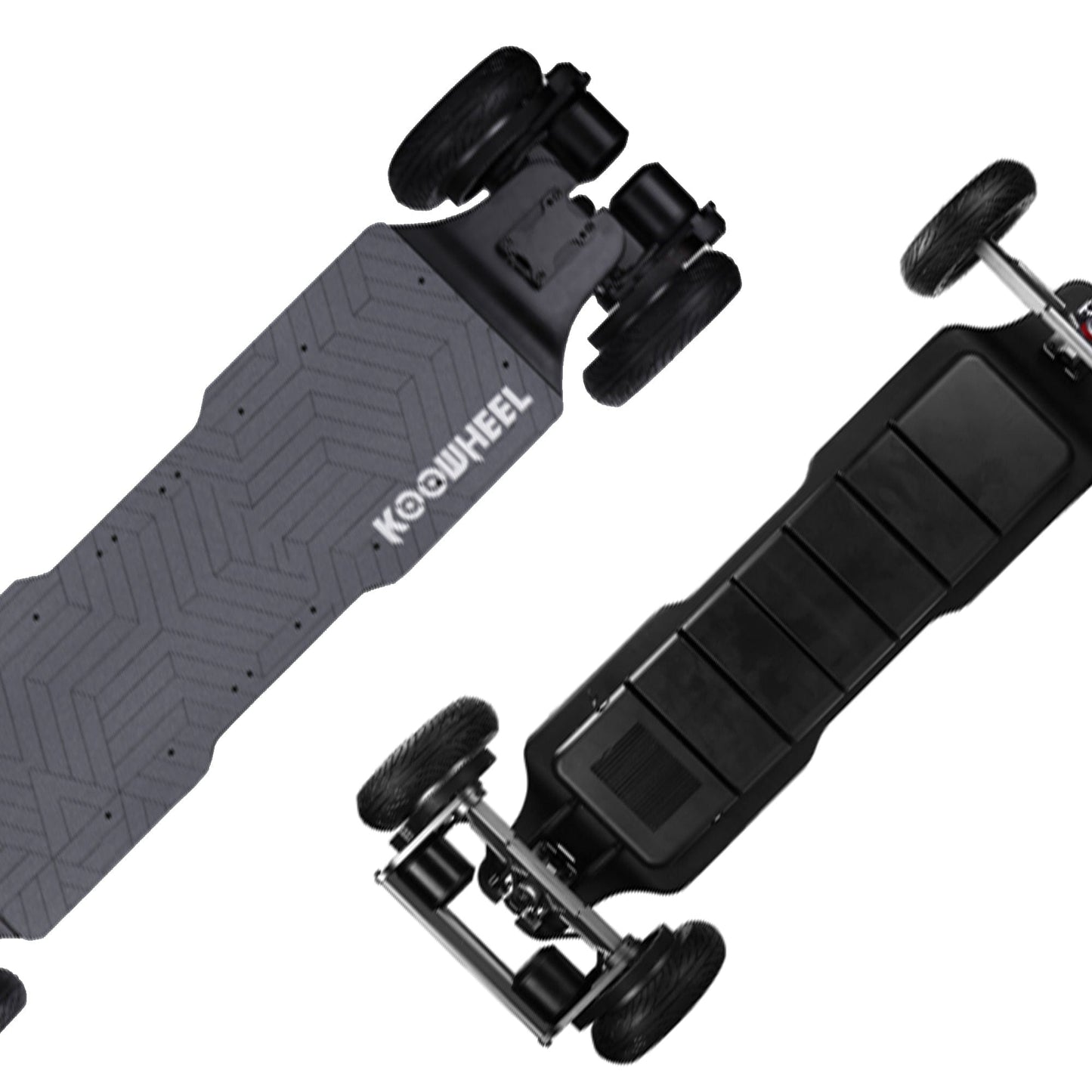 An angled view showcasing the entire length of the electric skateboard, focusing on its structural design and wheel setup.