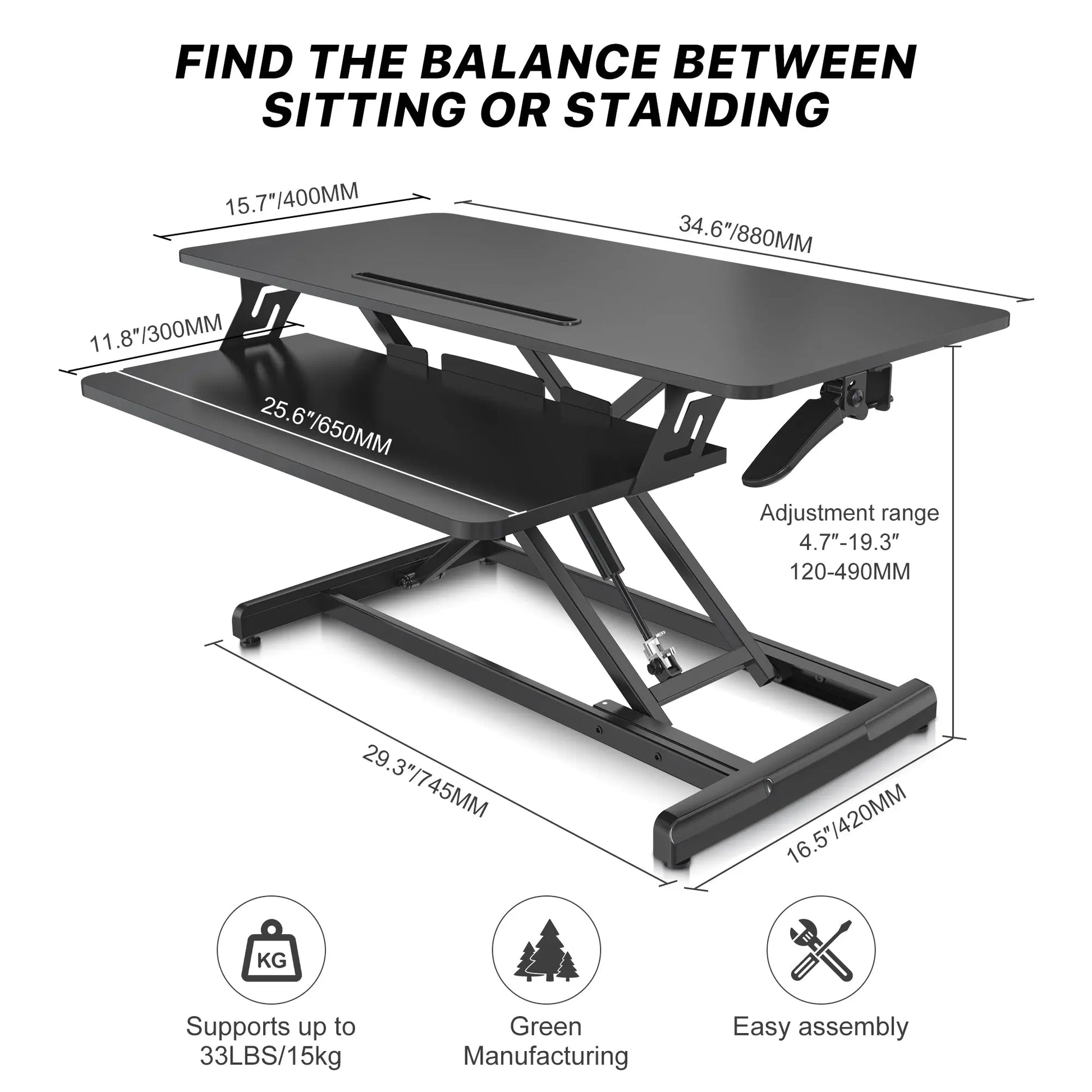 Detailed specifications of a black sit-to-stand desk converter, showing dimensions and weight capacity, highlighting its ease of assembly and green manufacturing.