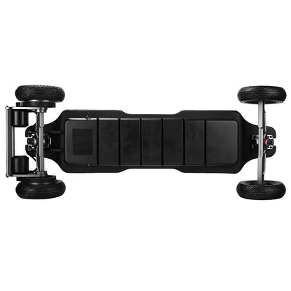 A bottom view of the electric skateboard showing its black chassis, battery placement, and components with clear labelling.