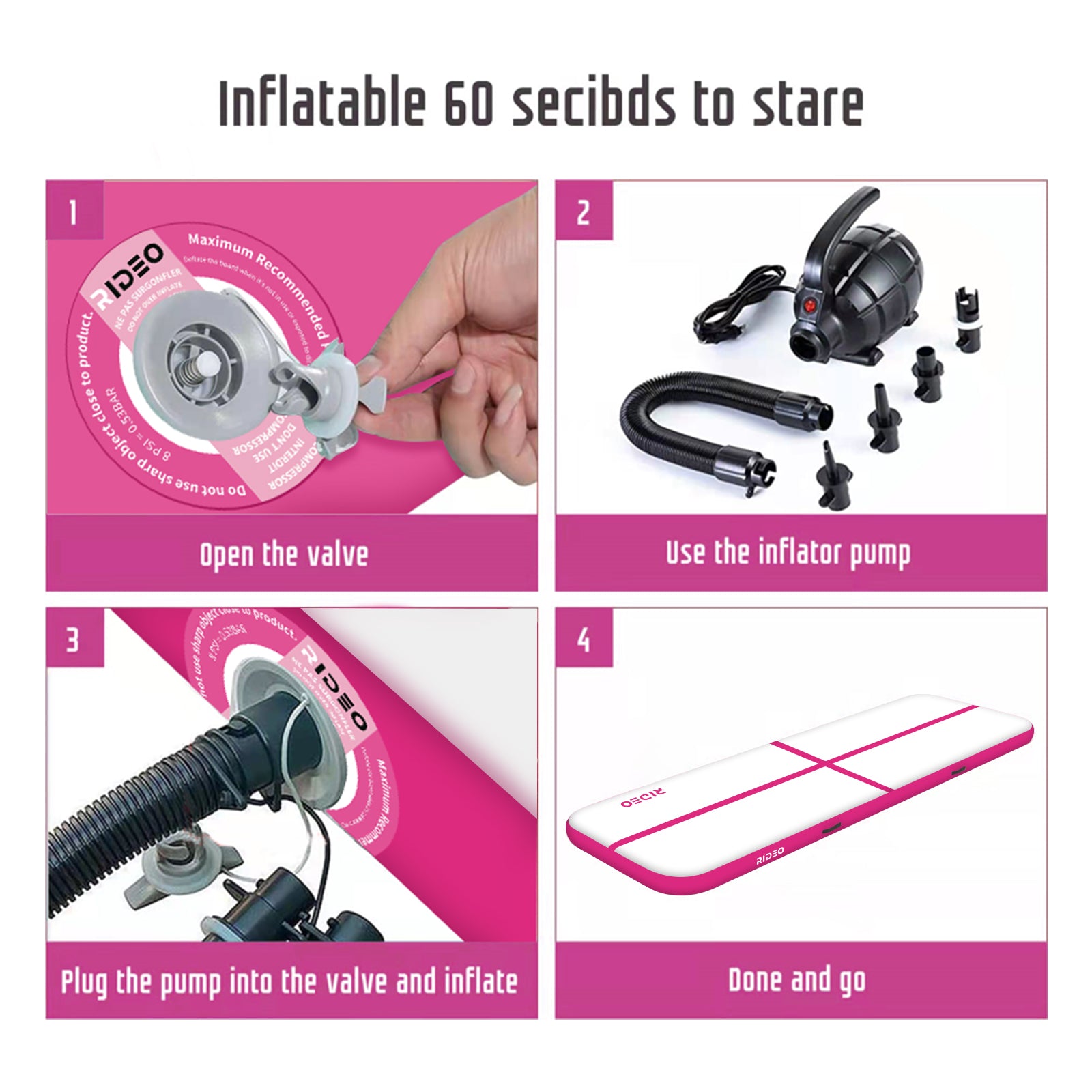 Electric air pump and assorted nozzles for the RIDEO Air Track, highlighting the tools for easy and quick inflation.