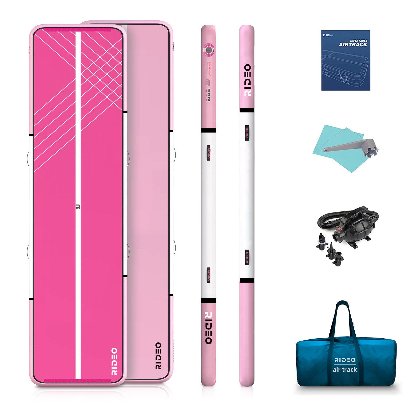 Air Track and Accessories Set: The image features a vibrant pink air track gymnastics mat along with a set of accessories that include two white inflation wands, an electric pump with various nozzles, a blue carrying bag, and an instruction manual. The air track showcases a geometric line design enhancing its visual appeal.