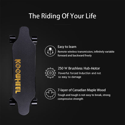 An image with text detailing the features of the electric skateboard, like the 250W brushless motor and Canadian maple wood construction, on a black background.