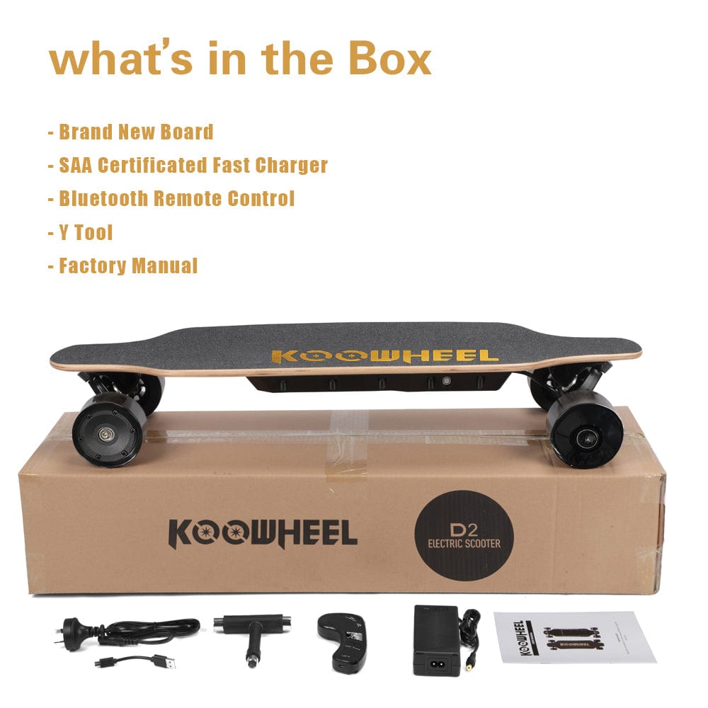 Contents of the skateboard package displayed on a cardboard box, including the electric skateboard, remote control, tools, and charger.