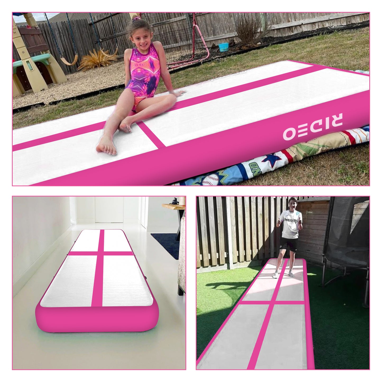 Young gymnast sitting on a pink RIDEO Air Track mat in a backyard, demonstrating the mat's use for outdoor activities.