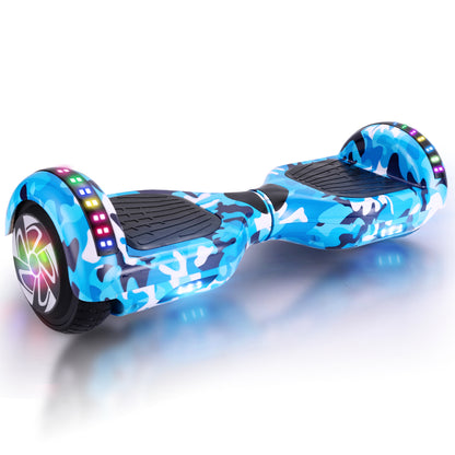 View of the RIDEO 6.5 inch Hoverboard Electric Scooter in Blue Galaxy design featuring vibrant LED wheels and a sleek, modern look.