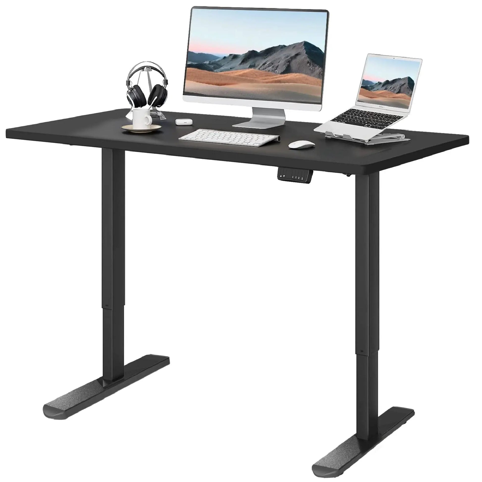 A sleek black motorized standing desk equipped with dual monitors, a laptop, and headphones, set against a simple background.