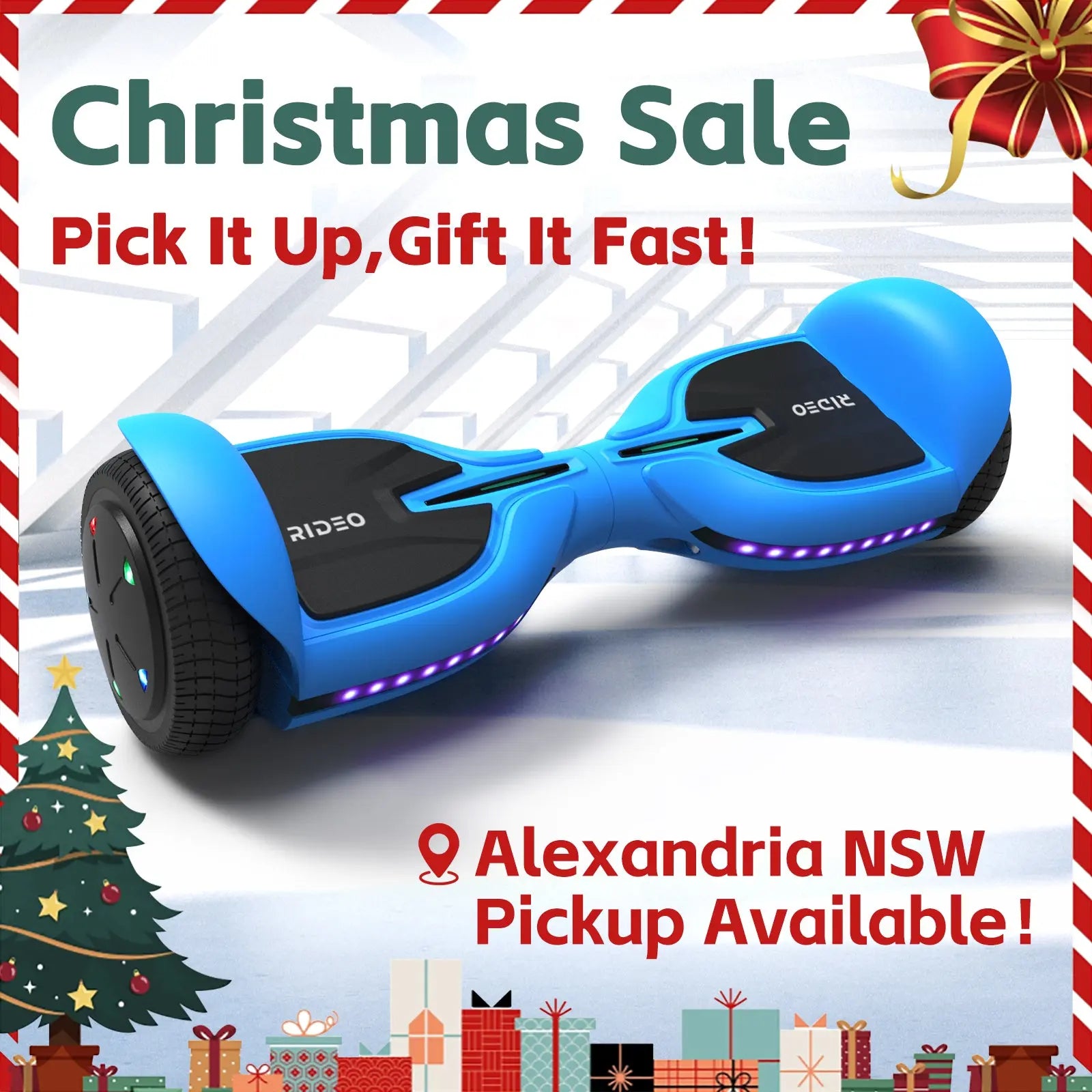 Dynamic portrayal of a blue RIDEO Q3-C hoverboard in a modern, architectural environment, highlighting its sleek design and vibrant undercarriage lighting.