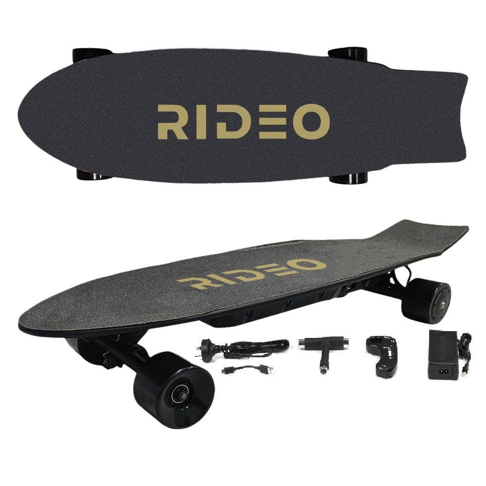 An image showing a complete set of electric skateboard parts, including the main board with RIDEO branding, wheels, control unit, and charging equipment.