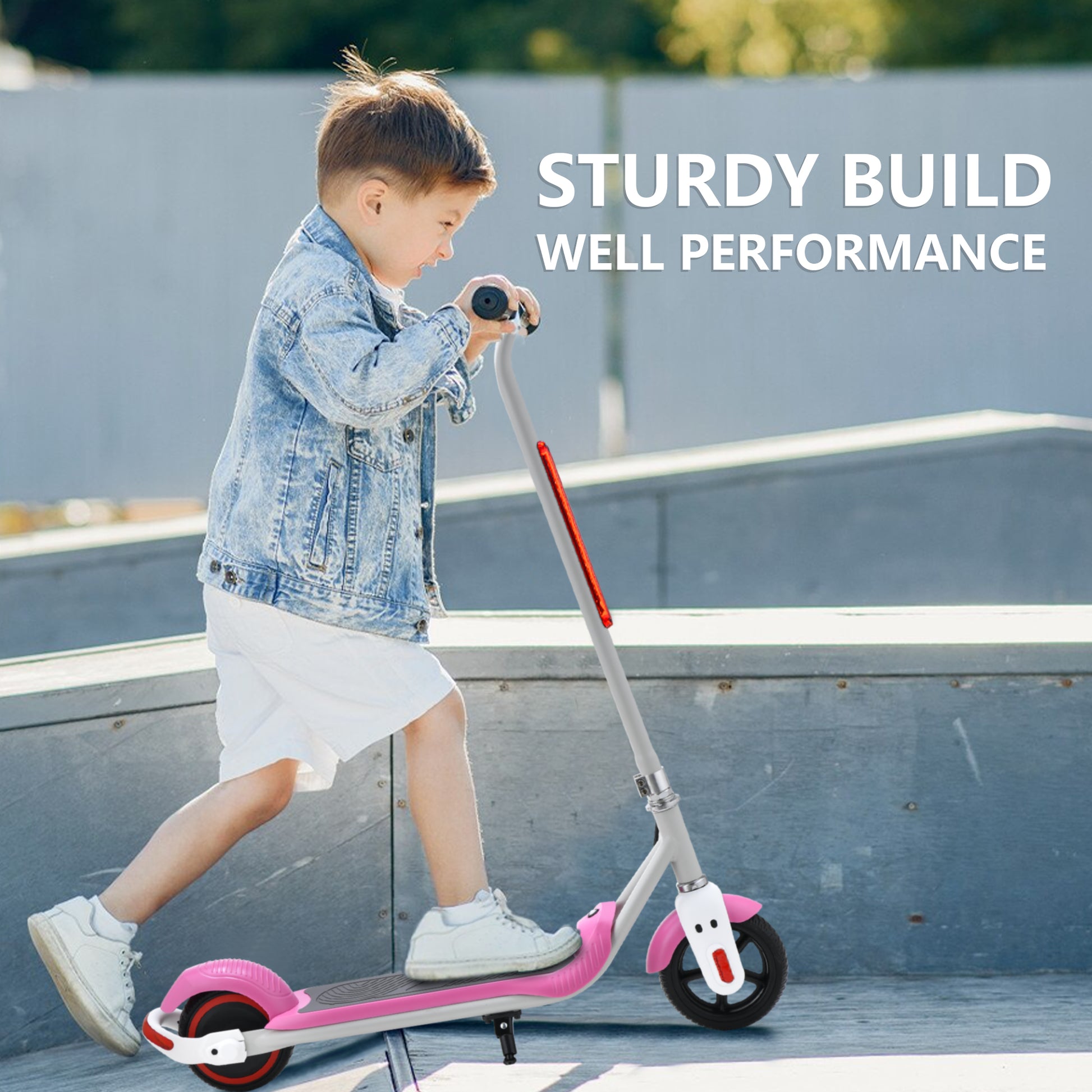 Image of a young boy using a pink and white electric scooter in an outdoor skate park, wearing casual clothing and focusing on the sturdy build.