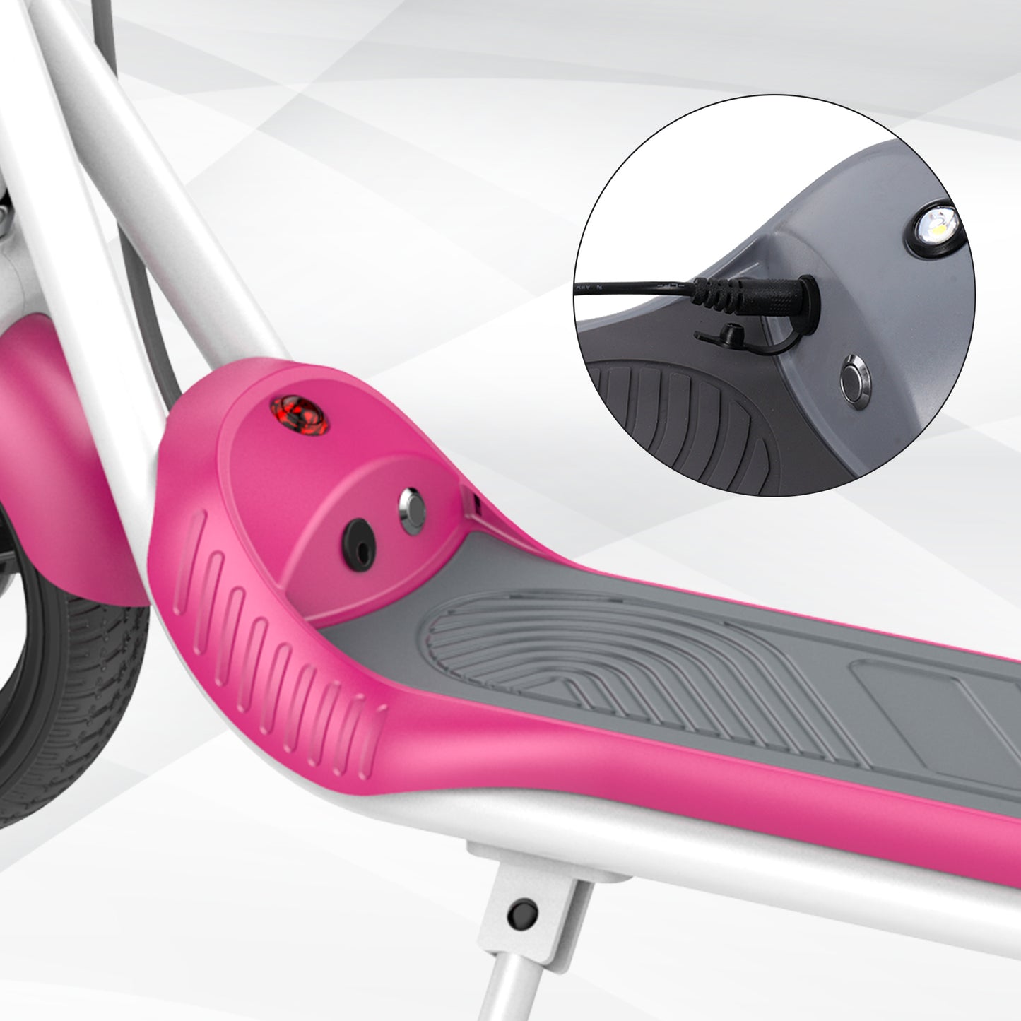 Close-up of the lower deck of the pink and white electric scooter showing the charging port and LED light for better visibility.