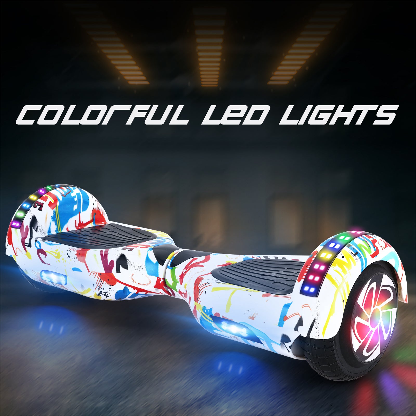 Close-up view of the RIDEO 6.5 inch Hoverboard in White Graffiti highlighting its vibrant LED lights. This model combines cutting-edge technology with an artistic design, perfect for nighttime rides and standing out in style