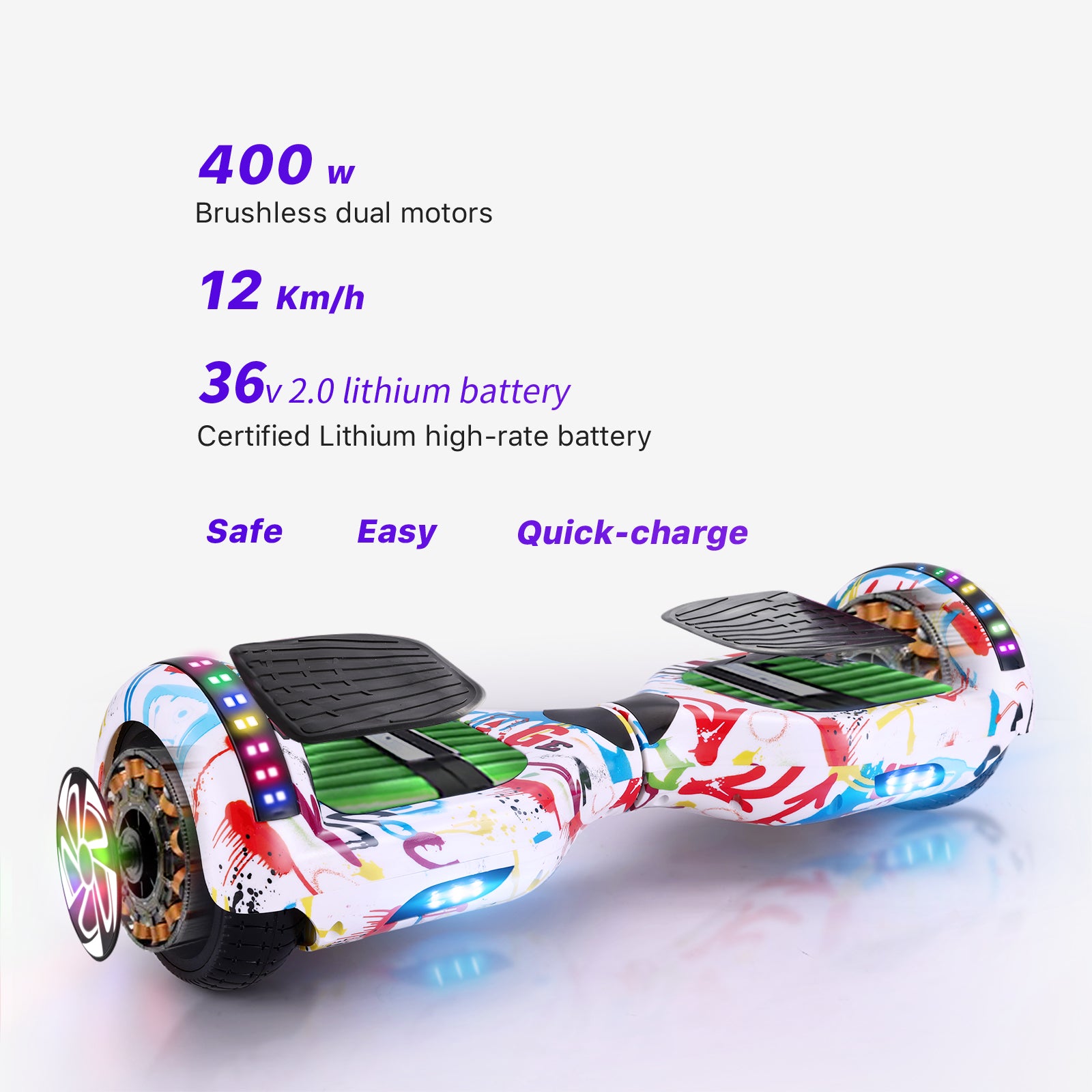 Overview of the performance specifications of the RIDEO Hoverboard featuring a 36V lithium battery, 12 km/h speed, and 400W brushless motors.