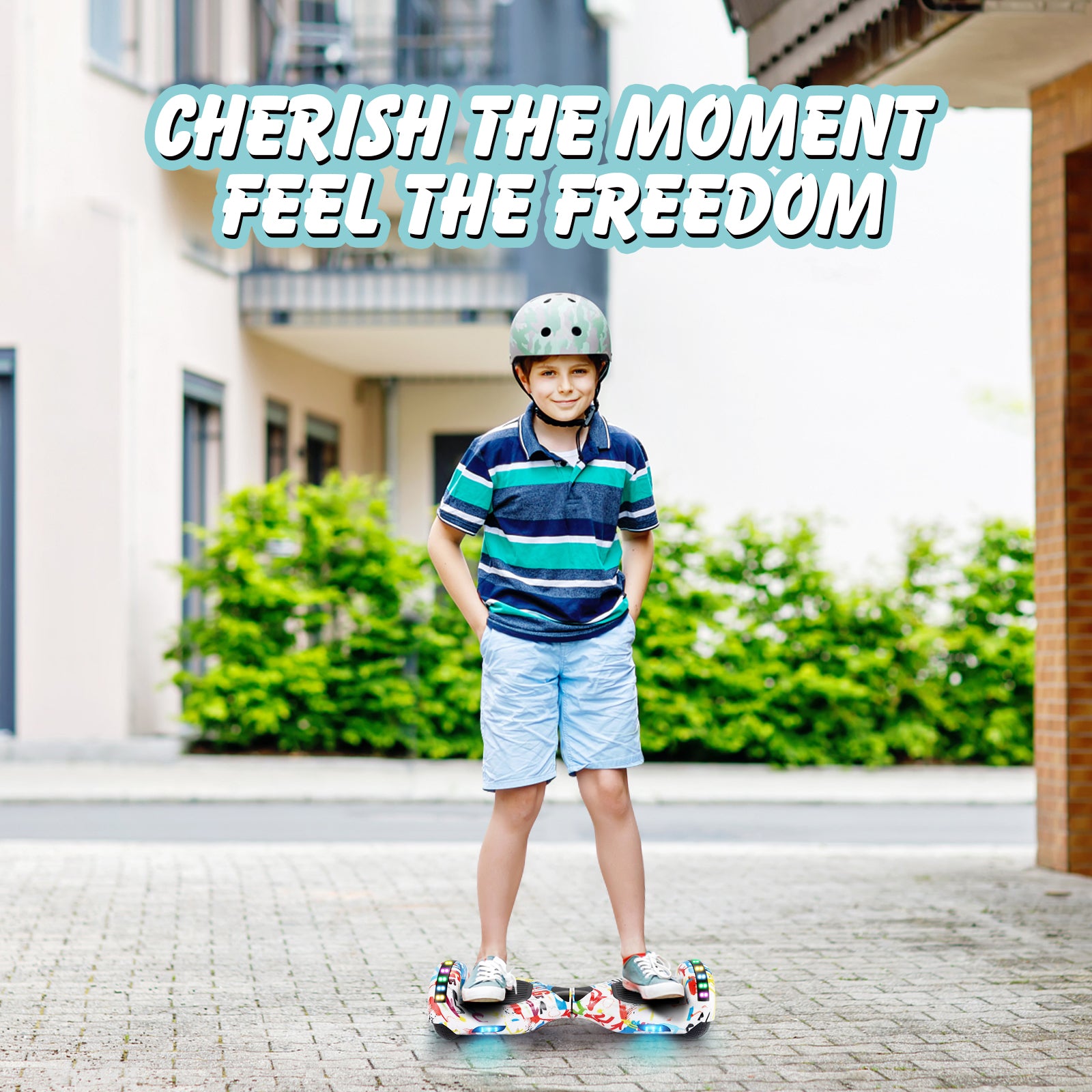 Image of a young boy enjoying his ride on the RIDEO 6.5 inch Hoverboard in White Graffiti, perfect for safe and fun outdoor activities.