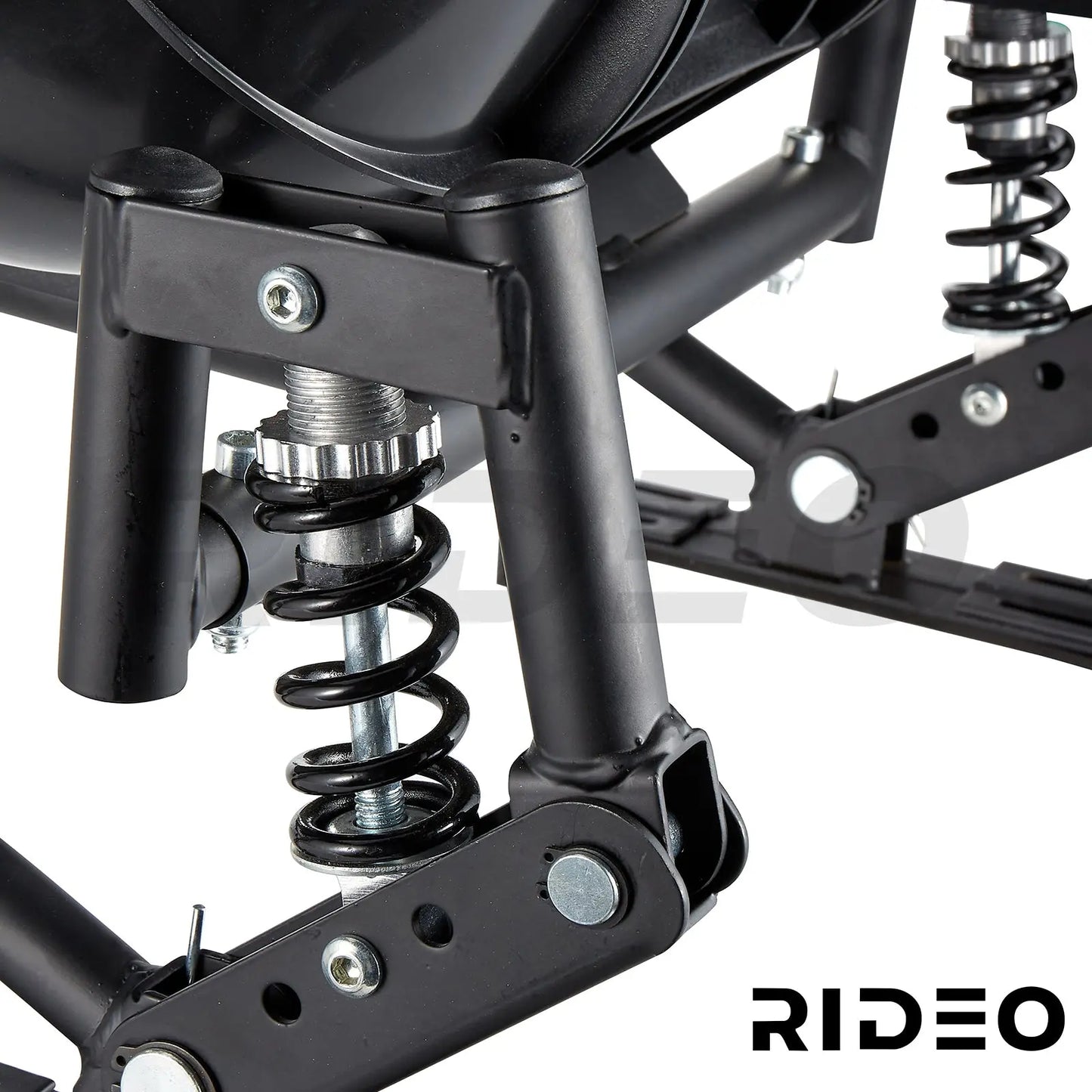 Close-up on the advanced suspension system of the RIDEO Hoverboard Go-Kart A5, designed for a smooth ride on varied terrains.