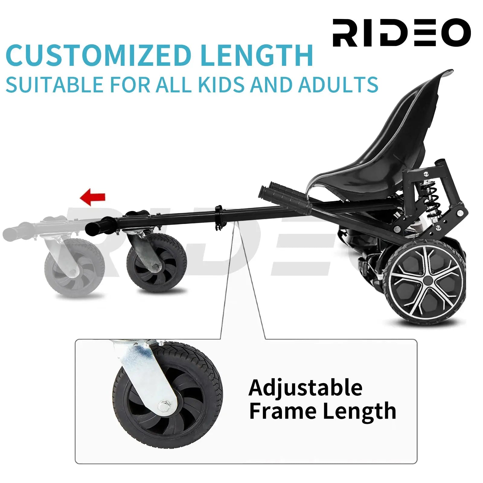 Demonstrates the adjustable frame length of the RIDEO Hoverboard Go-Kart A5, perfect for customizing the fit for both kids and adults.