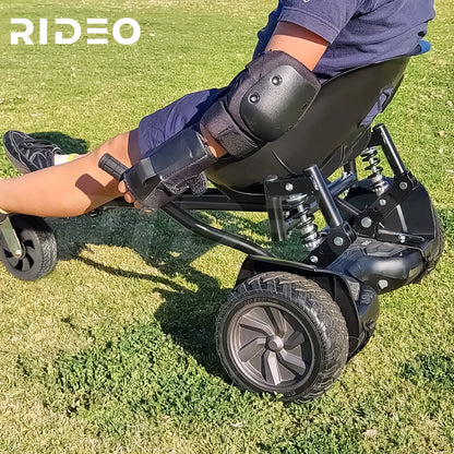 The RIDEO Hoverboard Go-Kart A5 parked in a scenic outdoor area, showing off its sleek black design and durable wheels suitable for all terrains.