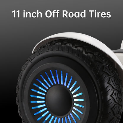 Tackle any terrain with the RIDEO 11 inch hoverboard, equipped with large off-road tires designed for superior grip and stability on rough surfaces.