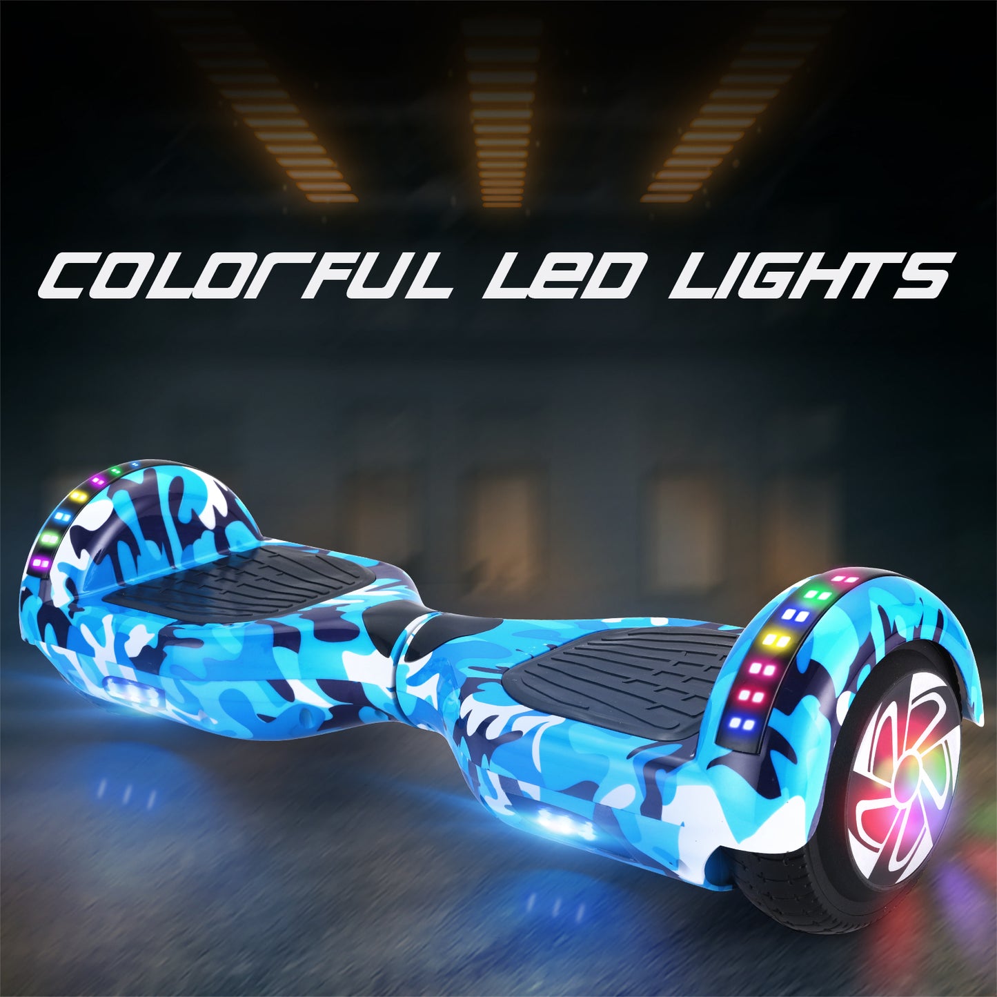 Close-up on the detailed features of the RIDEO Hoverboard, focusing on its anti-slip foot pedals and vibrant LED lighting system.