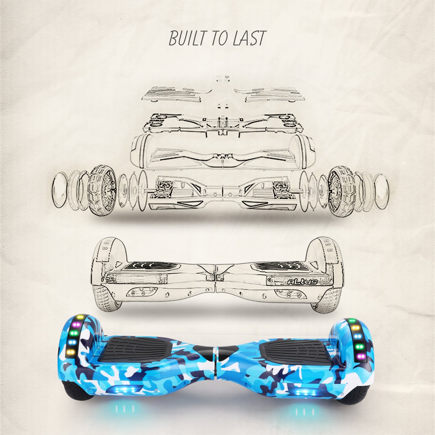 Detailed exploded view showing all the high-quality components that make up the RIDEO 6.5 inch Hoverboard, emphasizing its durability and advanced technology.