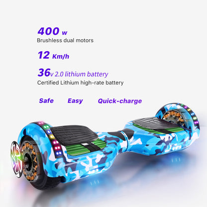 Overview of the performance specifications of the RIDEO Hoverboard featuring a 36V lithium battery, 12 km/h speed, and 400W brushless motors.