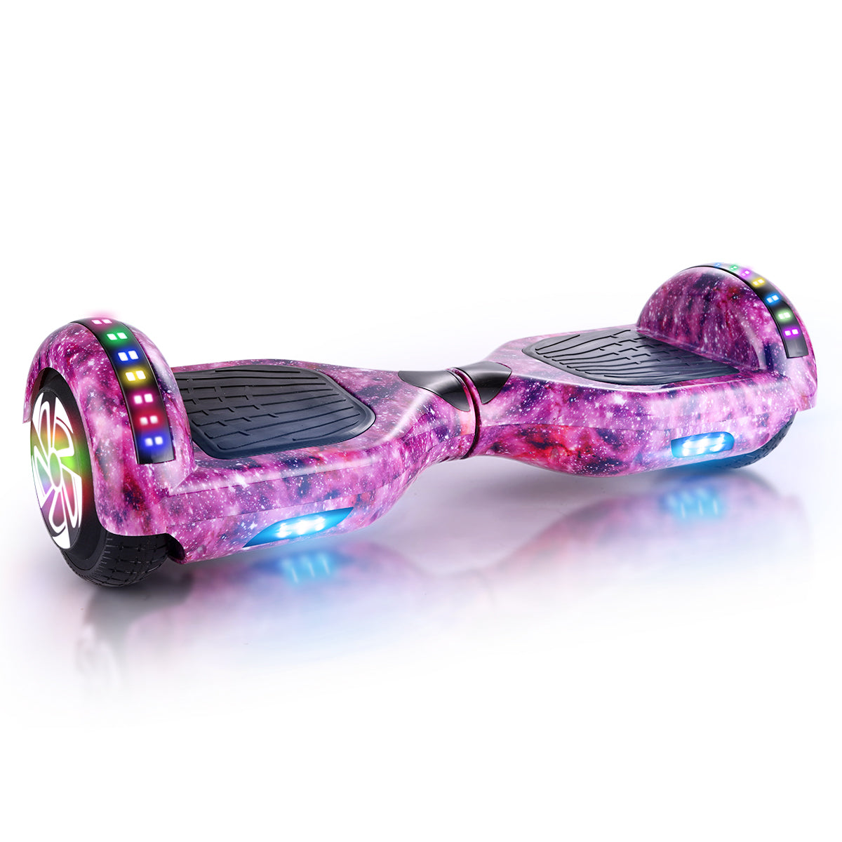 View of the RIDEO 6.5 inch Hoverboard Electric Scooter in Purple Galaxy design featuring vibrant LED wheels and a sleek, modern look.