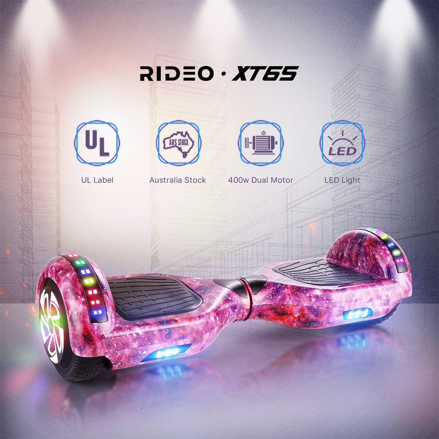 Informative display highlighting the key features of the RIDEO Hoverboard including UL certification, LED lights, and 400W dual motors.