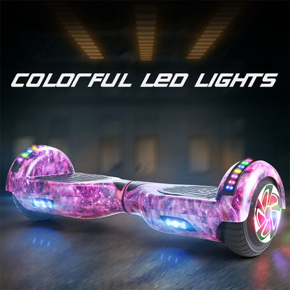 Close-up view of the RIDEO 6.5 inch Hoverboard in purple gallaxy highlighting its vibrant LED lights. This model combines cutting-edge technology with an artistic design, perfect for nighttime rides and standing out in style