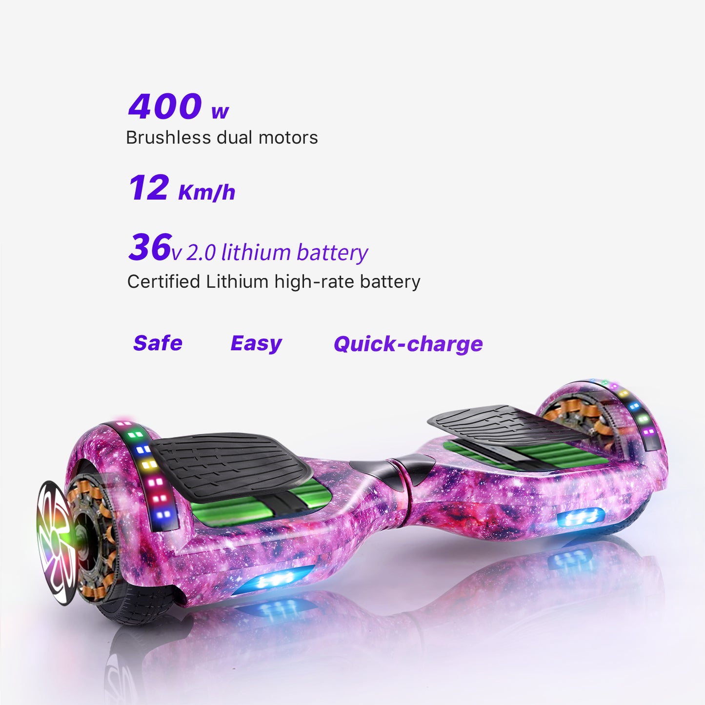 Overview of the performance specifications of the RIDEO Hoverboard featuring a 36V lithium battery, 12 km/h speed, and 400W brushless motors.