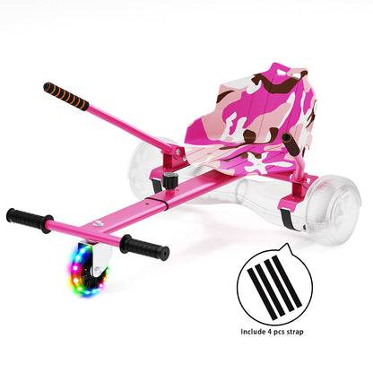 Detailed view of the RIDEO Hoverboard Go-Kart A4 pink featuring its sleek pink design, LED lighting effects, and secure attachment straps.