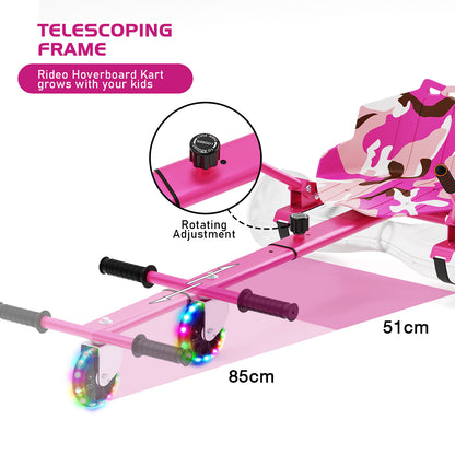 The telescoping frame feature of the RIDEO A4 pink Hoverboard Go-Kart, showing adjustable settings from 51 cm to 85 cm to grow with the user.