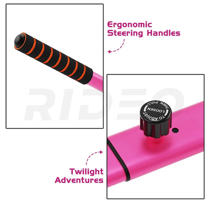 Close-up view of the ergonomic steering handle and adjustable setting knob on the RIDEO Hoverboard Go-Kart A4 pink. The handle is designed for comfort and grip with its distinctive orange and pink stripes, enhancing control during twilight adventures.