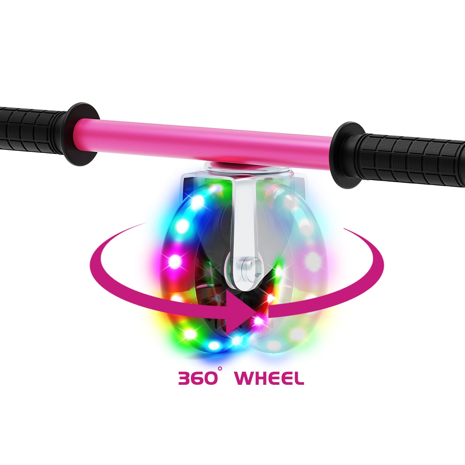 Detail of the 360-degree wheel mechanism on the RIDEO A4 pink Hoverboard Go-Kart, emphasizing maneuverability and smooth motion.