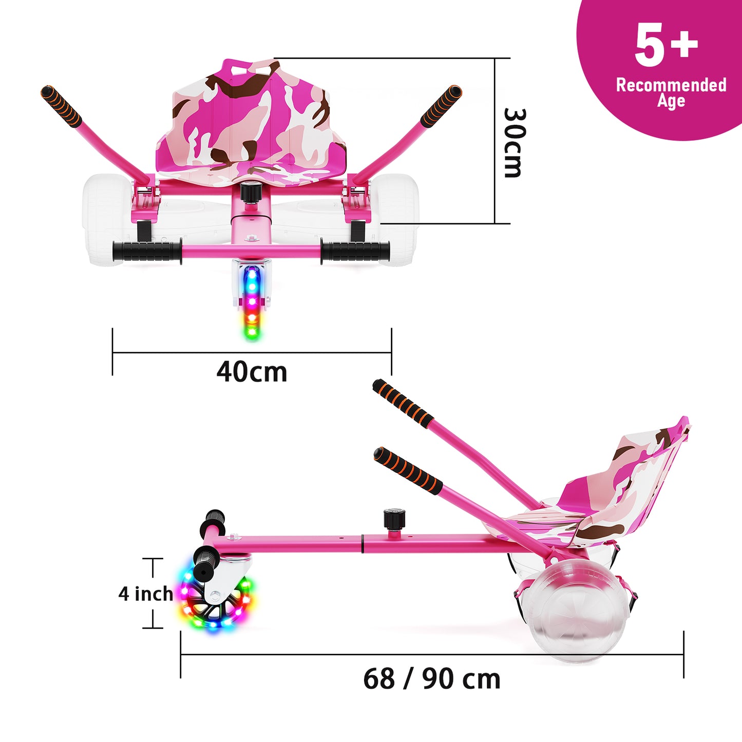 Graphic displaying the key dimensions of the RIDEO A4 pink Hoverboard Go-Kart, highlighting a length adjustment from 68 to 90 cm and other vital measurements.