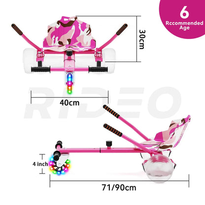 Dimensions of the RIDEO Hoverboard Go-Kart, suitable for kids 6+ with a 40 cm width and adjustable length up to 90 cm.