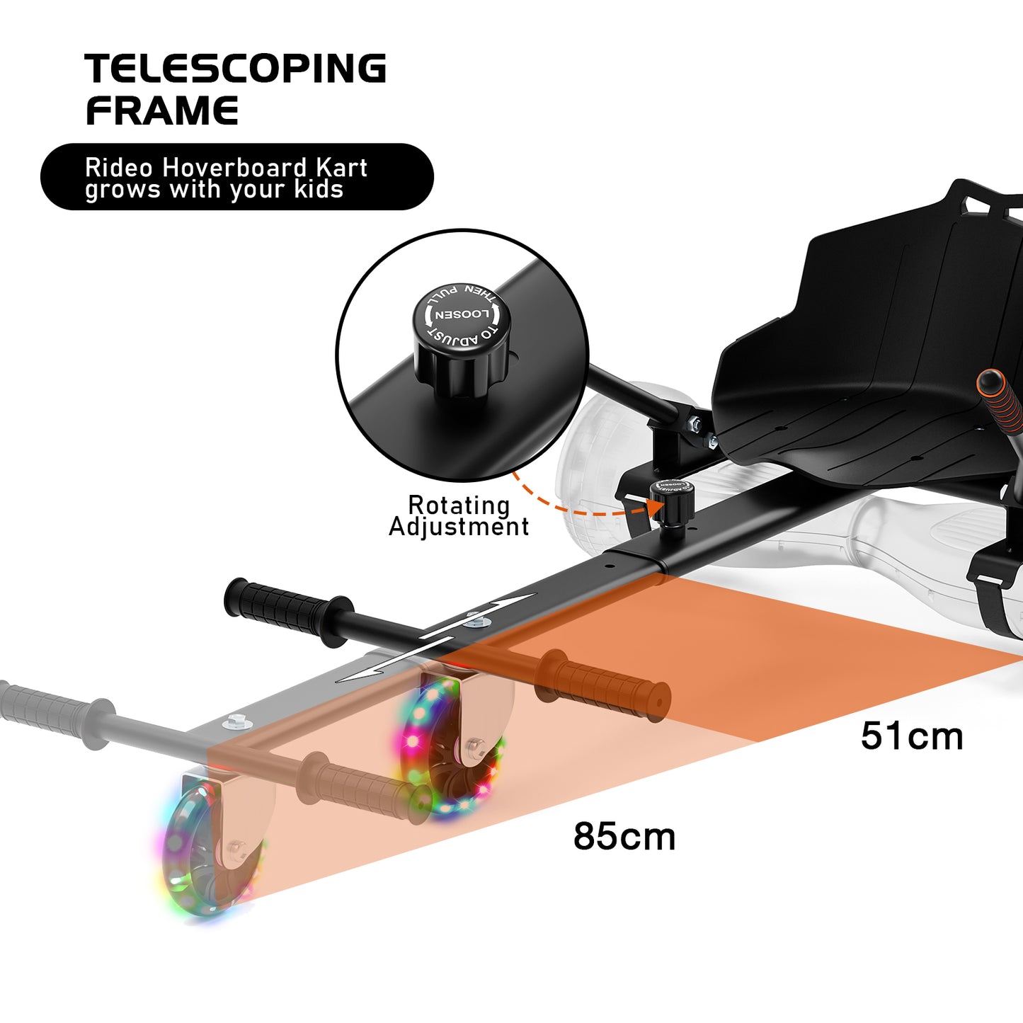 The telescoping frame feature of the RIDEO A4 Black Hoverboard Go-Kart, showing adjustable settings from 51 cm to 85 cm to grow with the user.